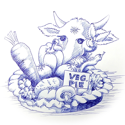 Illustration of vegetarian pie with a cow head.