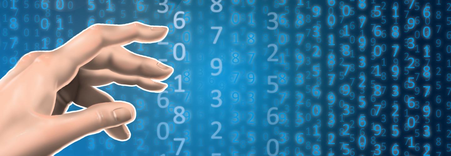 Hand in front of a digital background of numbers.